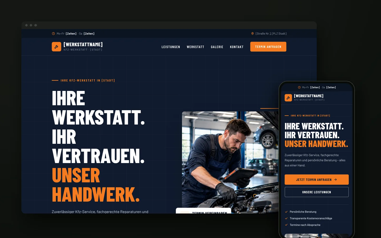 Website-Konzept für eine Kfz-Werkstatt auf Desktop und Smartphone