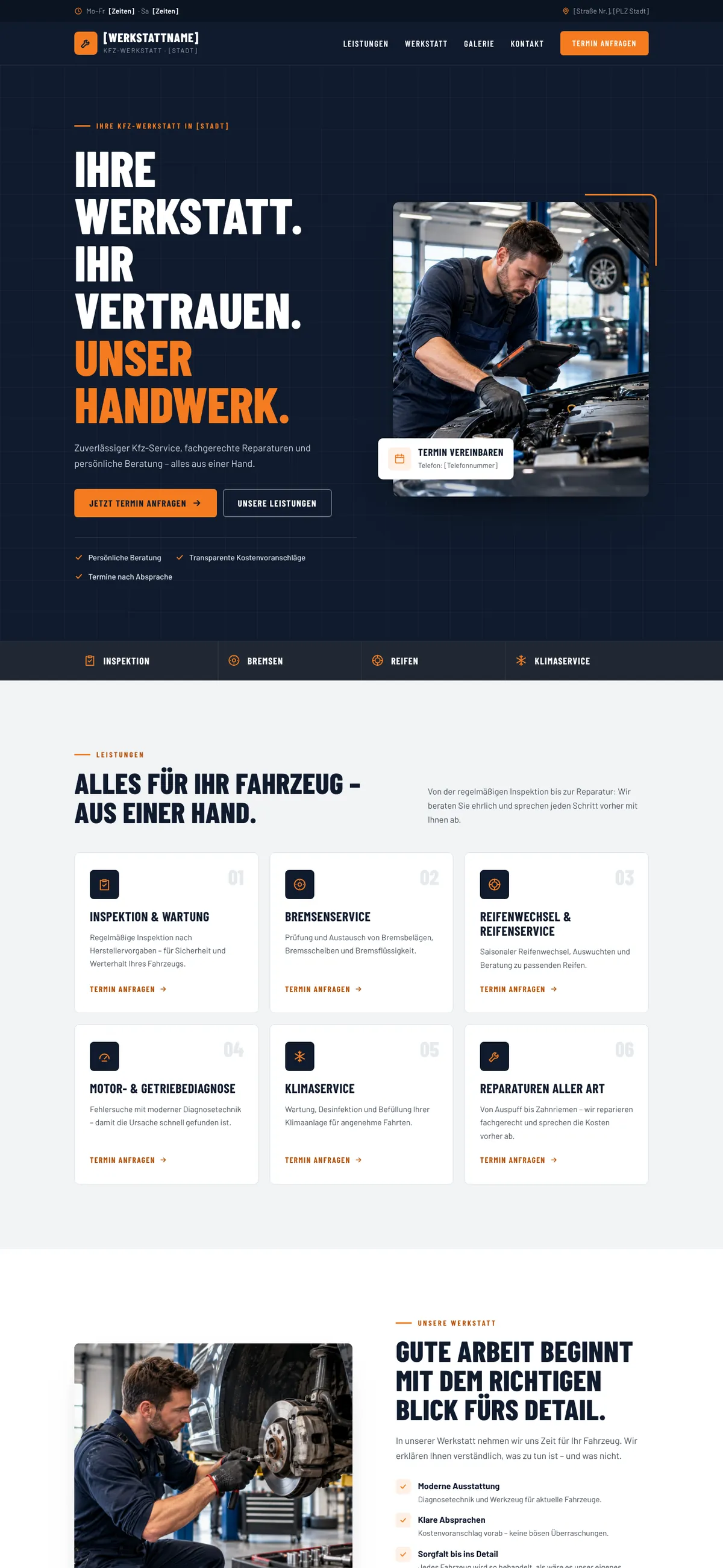 Website-Konzept Kfz-Werkstatt — Desktop-Ansicht der Startseite