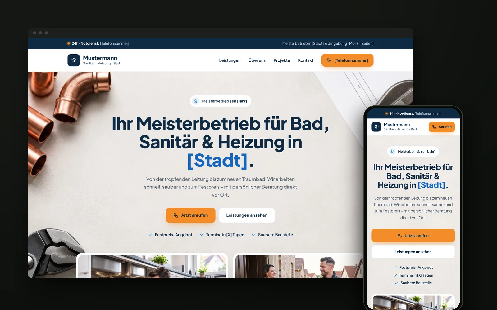 Concepto de web para una empresa de fontanería y calefacción en ordenador y móvil