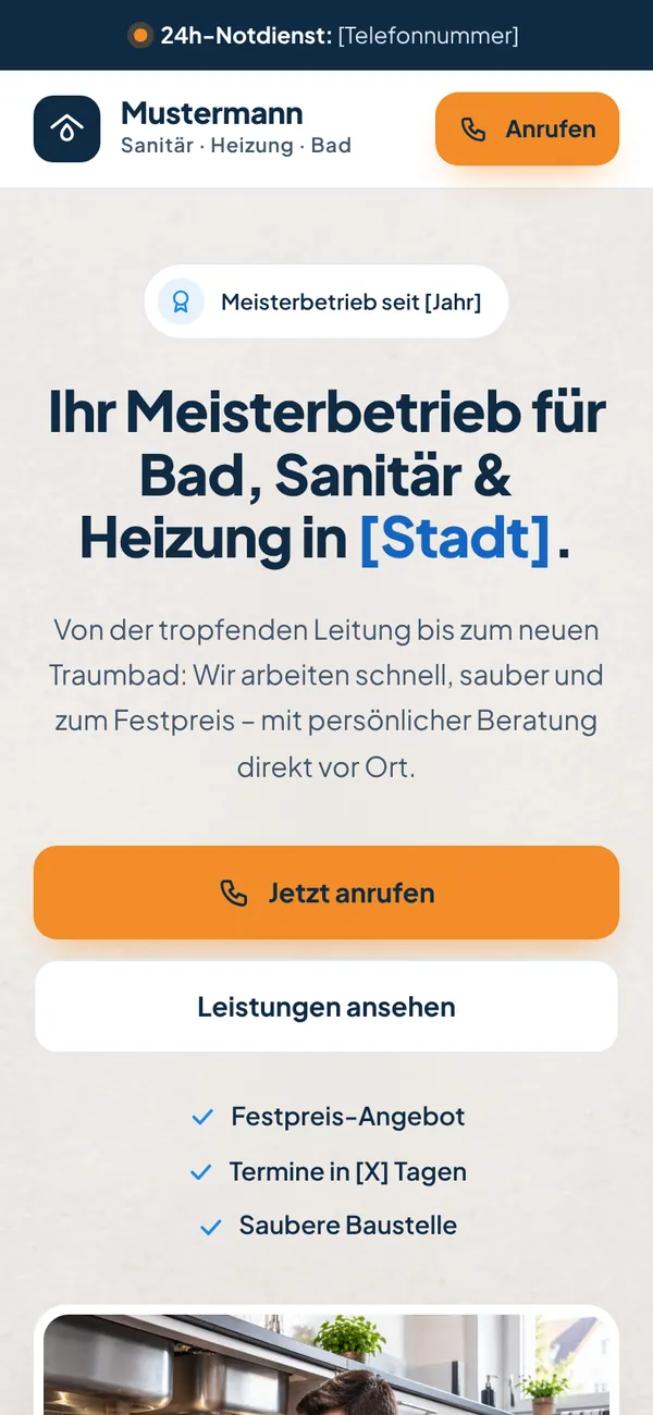 Concepto de web Mustermann Sanitär — vista móvil
