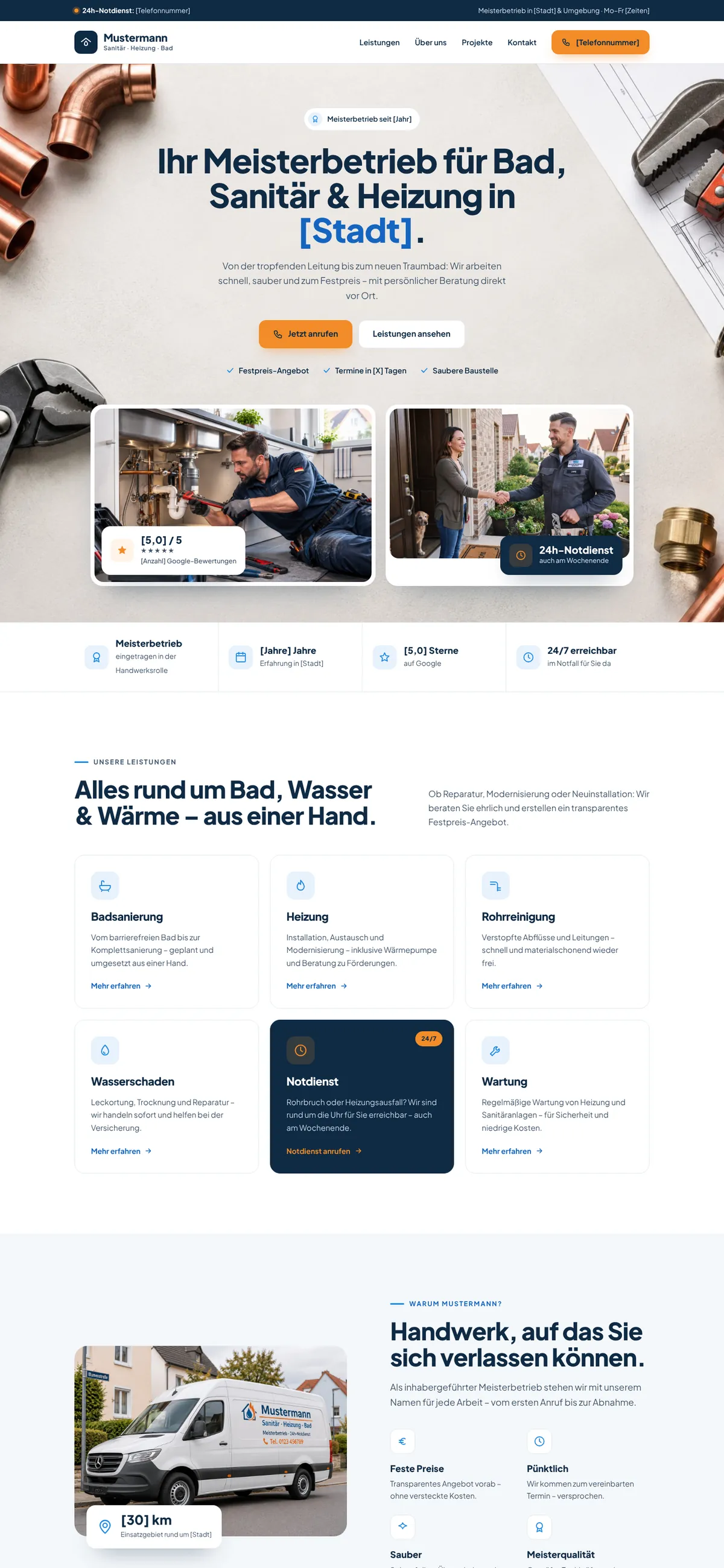 Concepto de web Mustermann Sanitär — vista de escritorio de la página de inicio