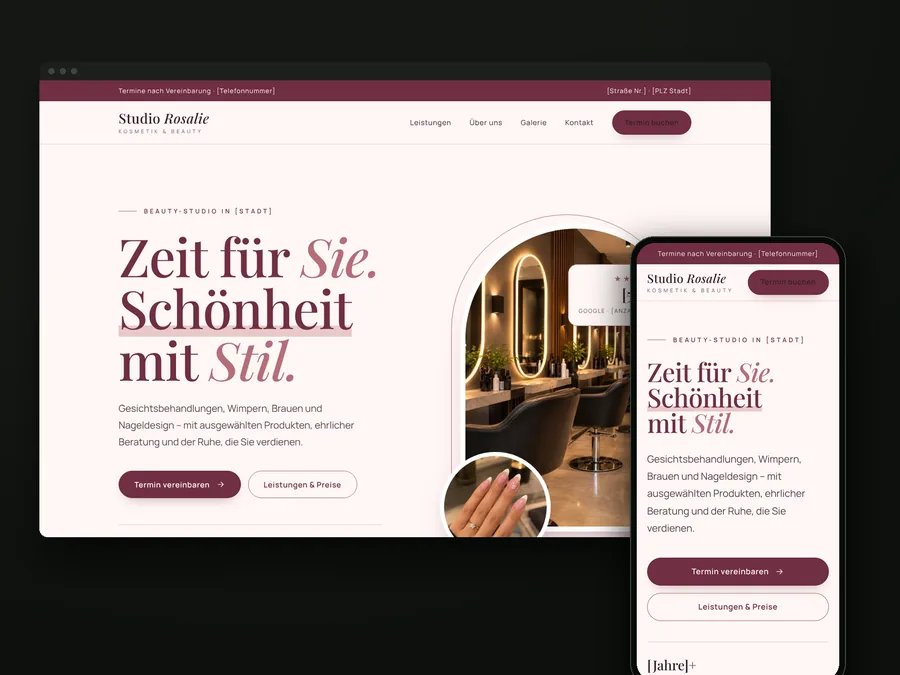 Studio Rosalie beauty salon website concept on desktop and mobile