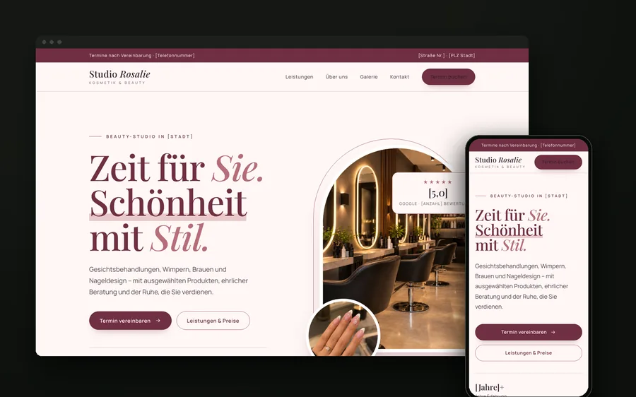 Website-Konzept für das Kosmetikstudio Studio Rosalie auf Desktop und Smartphone